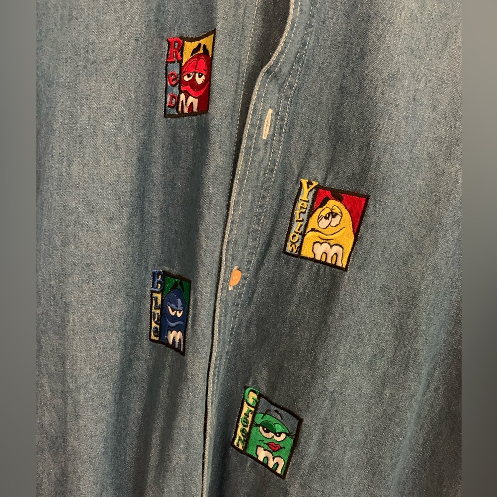 Vintage 90s M&M Embroidered Jean Shirt XL Kitschy